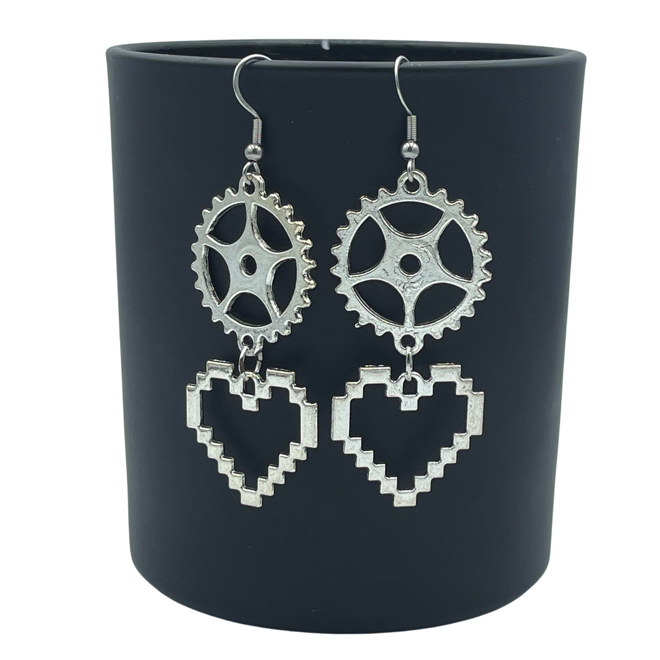 Engineering Cog and Heart Earrings. Steampunk Silver Dangle Statement Earrings