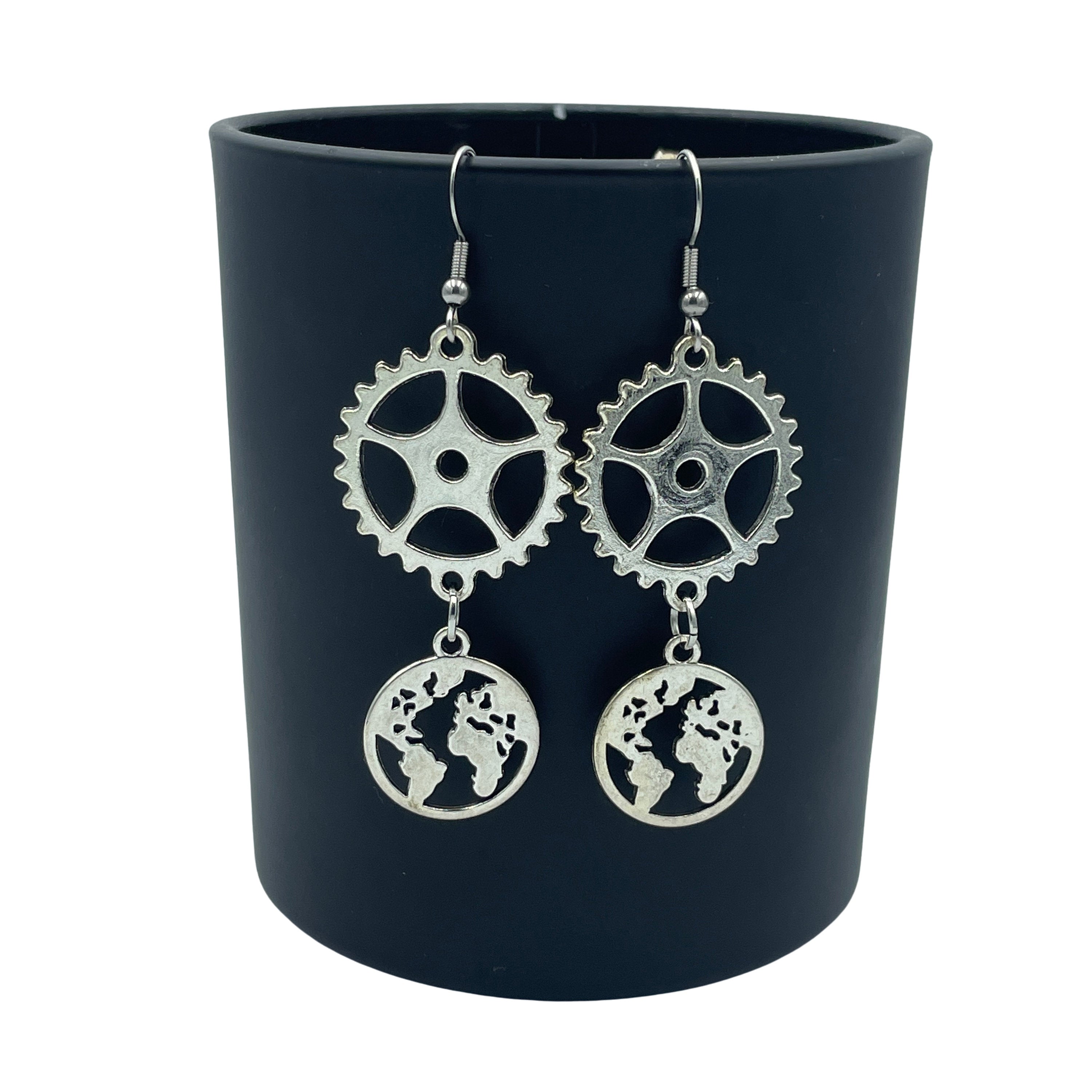 Engineering the World Steampunk Silver Earrings