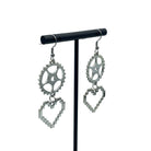 Engineering Cog and Heart Earrings. Steampunk Silver Dangle Statement Earrings