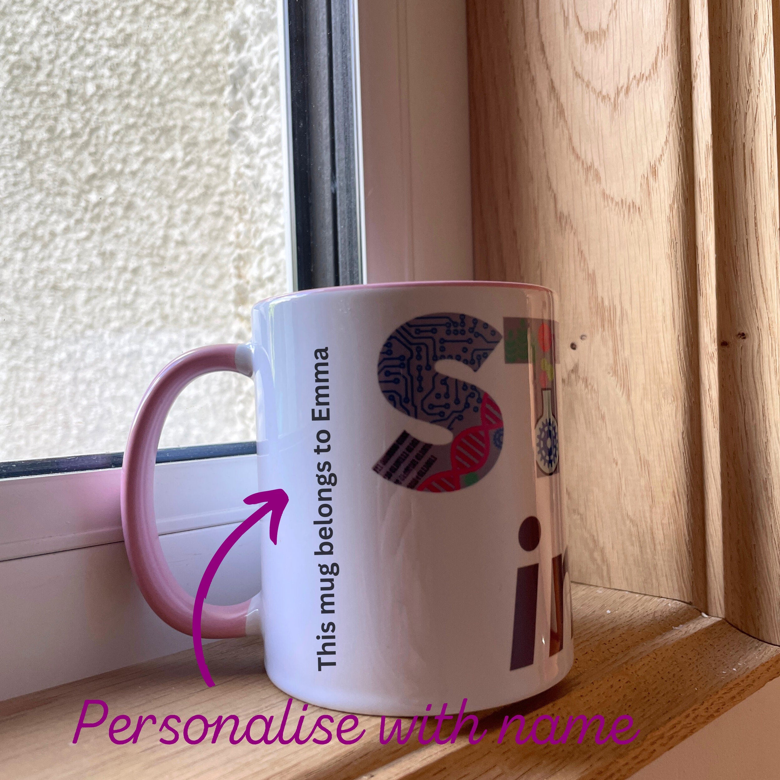 Personalised STEMinist Mug with Colour Handle and Inside. Women in STEM Customisable Gift