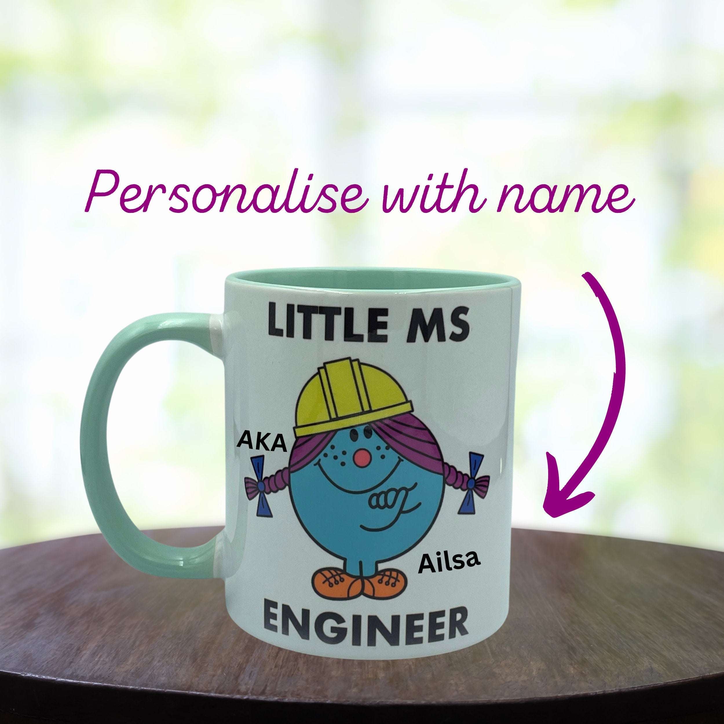 Personalised Woman Ms Engineer Mug with Colour Handle. Customise with Name and Design Engineering Gift