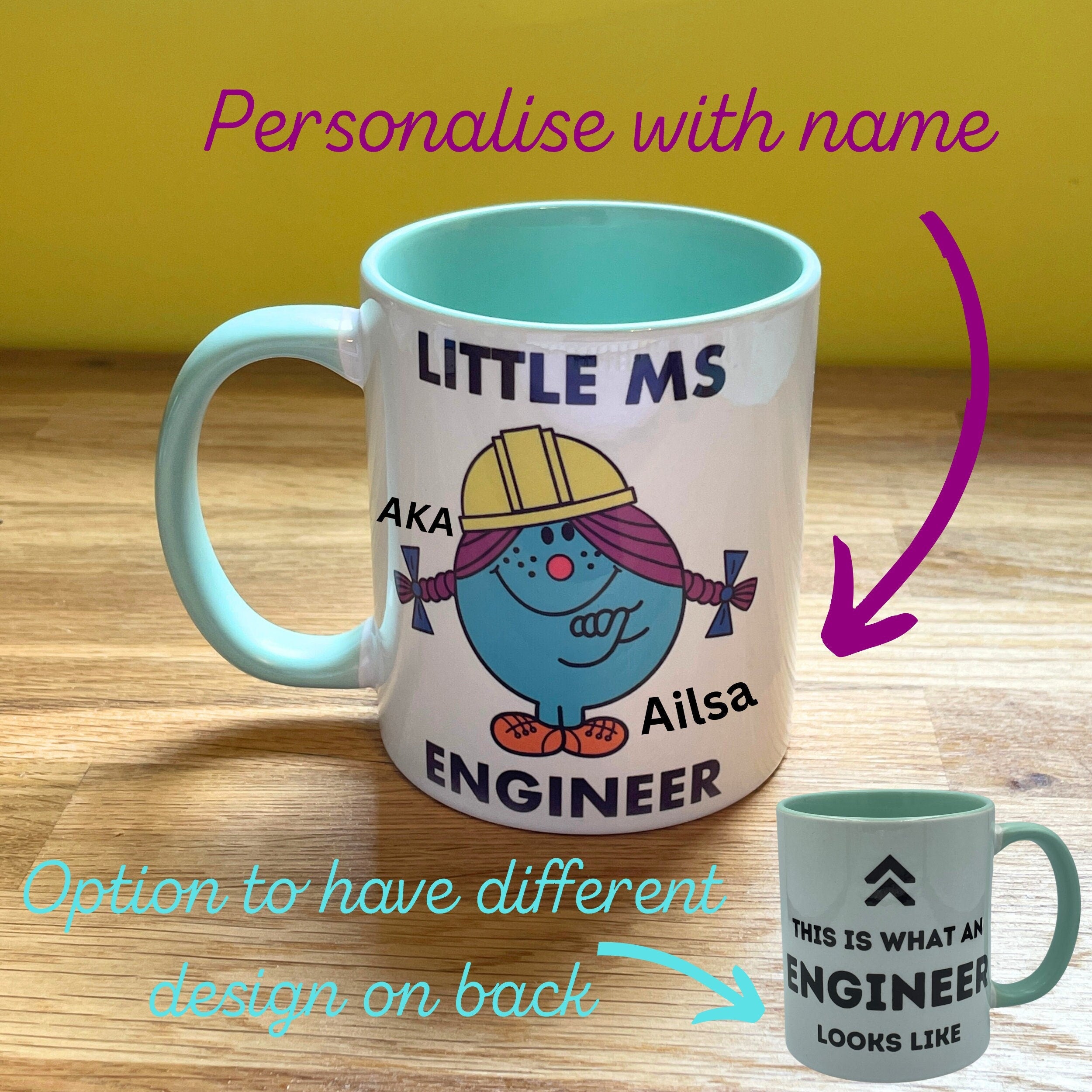 Personalised Woman Ms Engineer Mug with Colour Handle. Customise with Name and Design Engineering Gift Mint