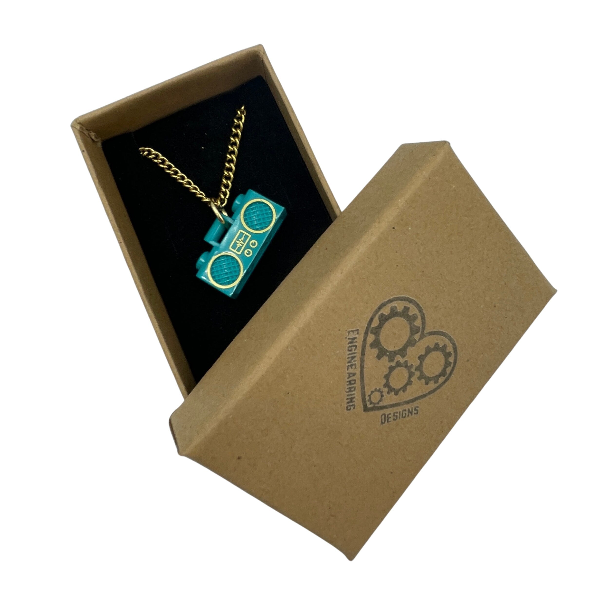 Teal Boombox Pendant on Gold Chain Necklace made with upcycled LEGO®