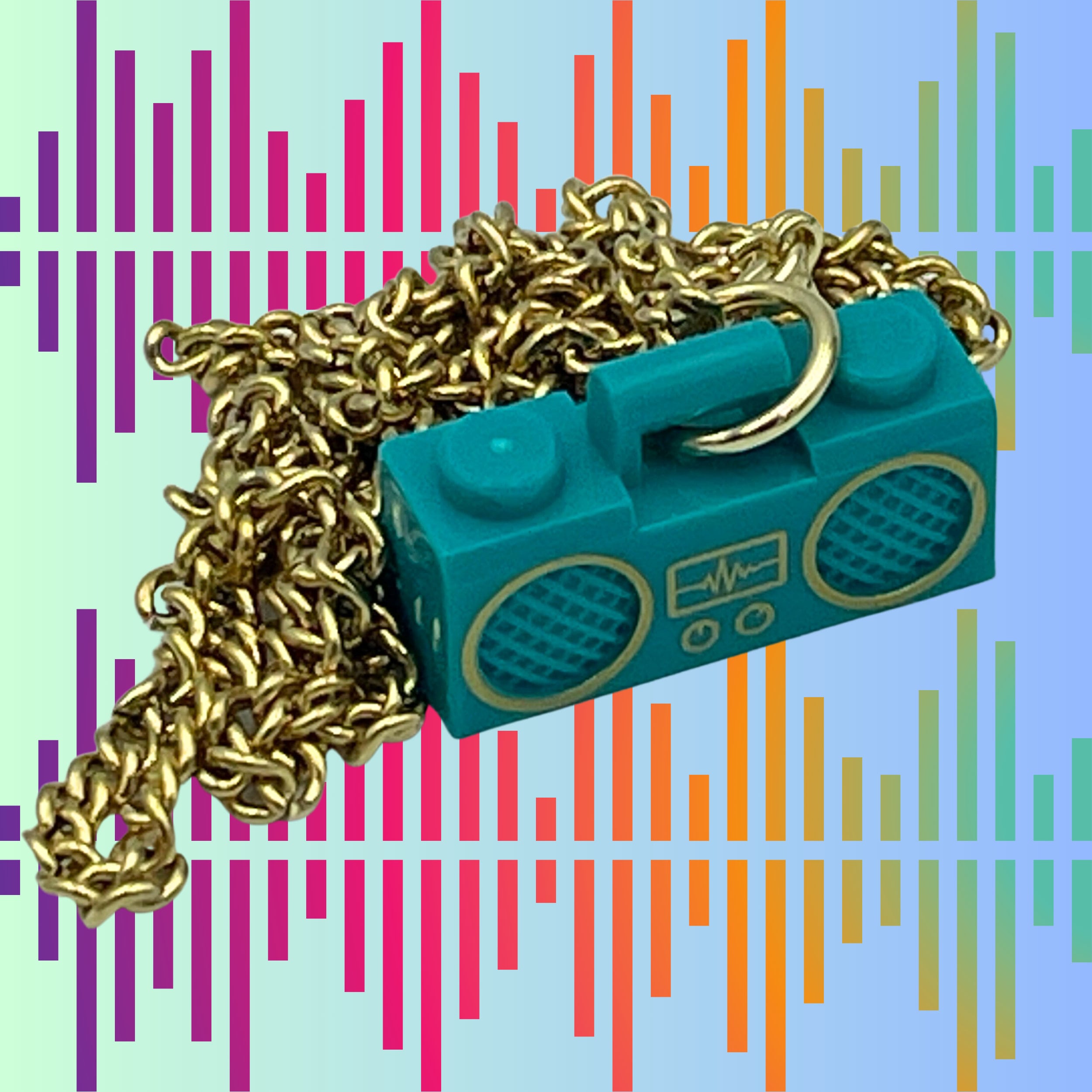 Teal Boombox Pendant on Gold Chain Necklace made with upcycled LEGO®