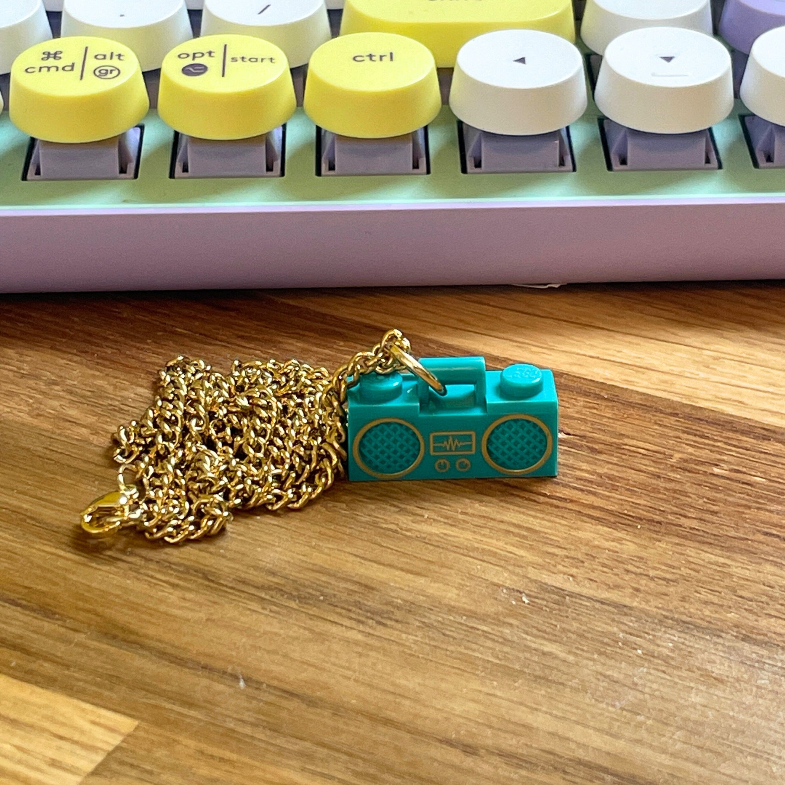 Teal Boombox Pendant on Gold Chain Necklace made with upcycled LEGO®