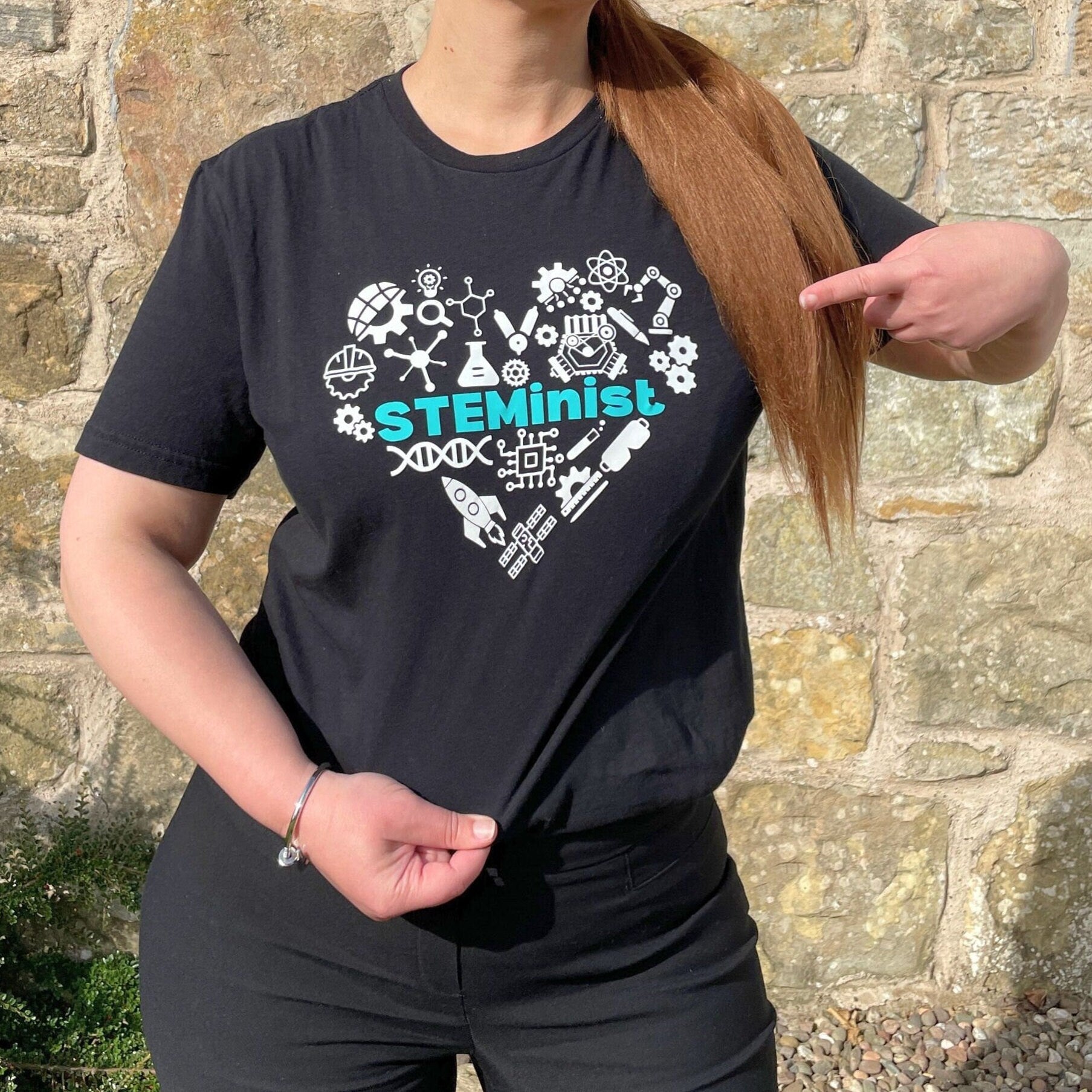 Graphic STEMinist Heart T-shirt. Women in STEM Science, Engineering, Tech and Math Black