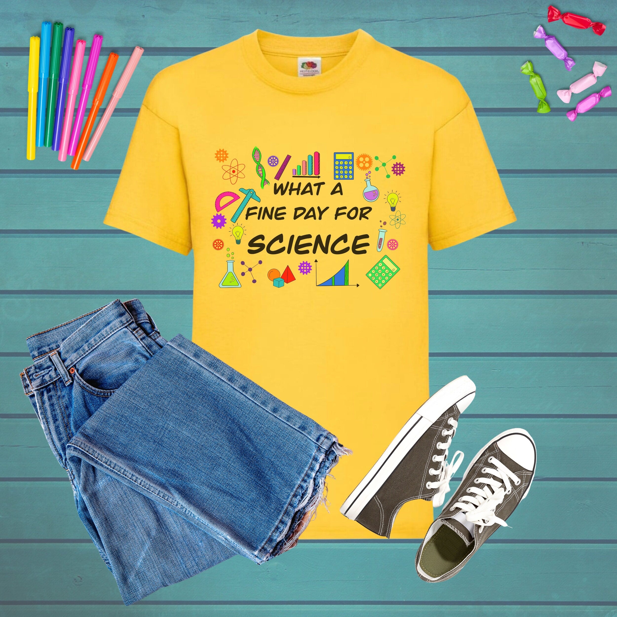 What a Fine Day for Science kids T-Shirt! Funny Top for a Young Scientist Sunflower Yellow