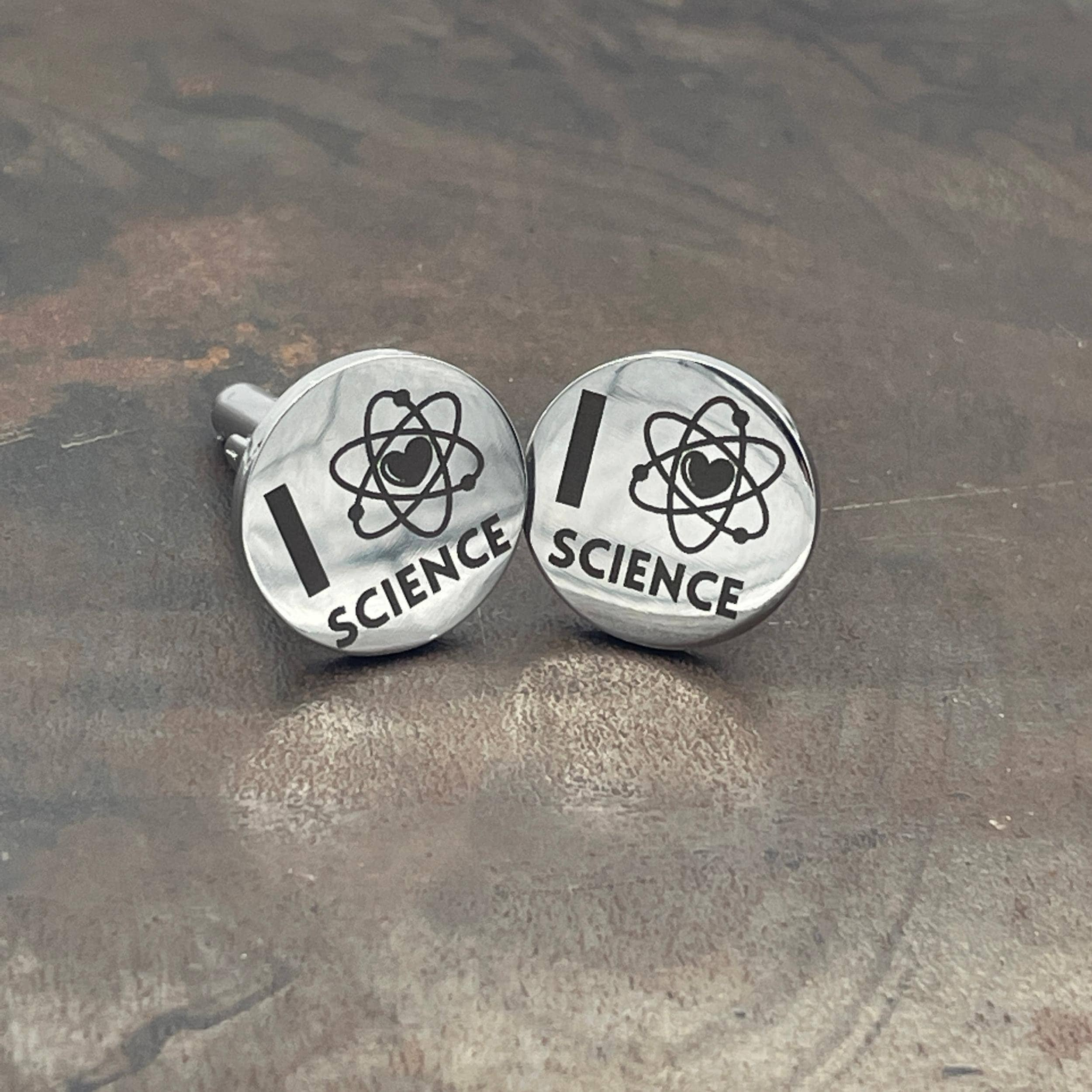 Engraved Science Cufflinks. Stainless Steel I Love Science Atom cuff links