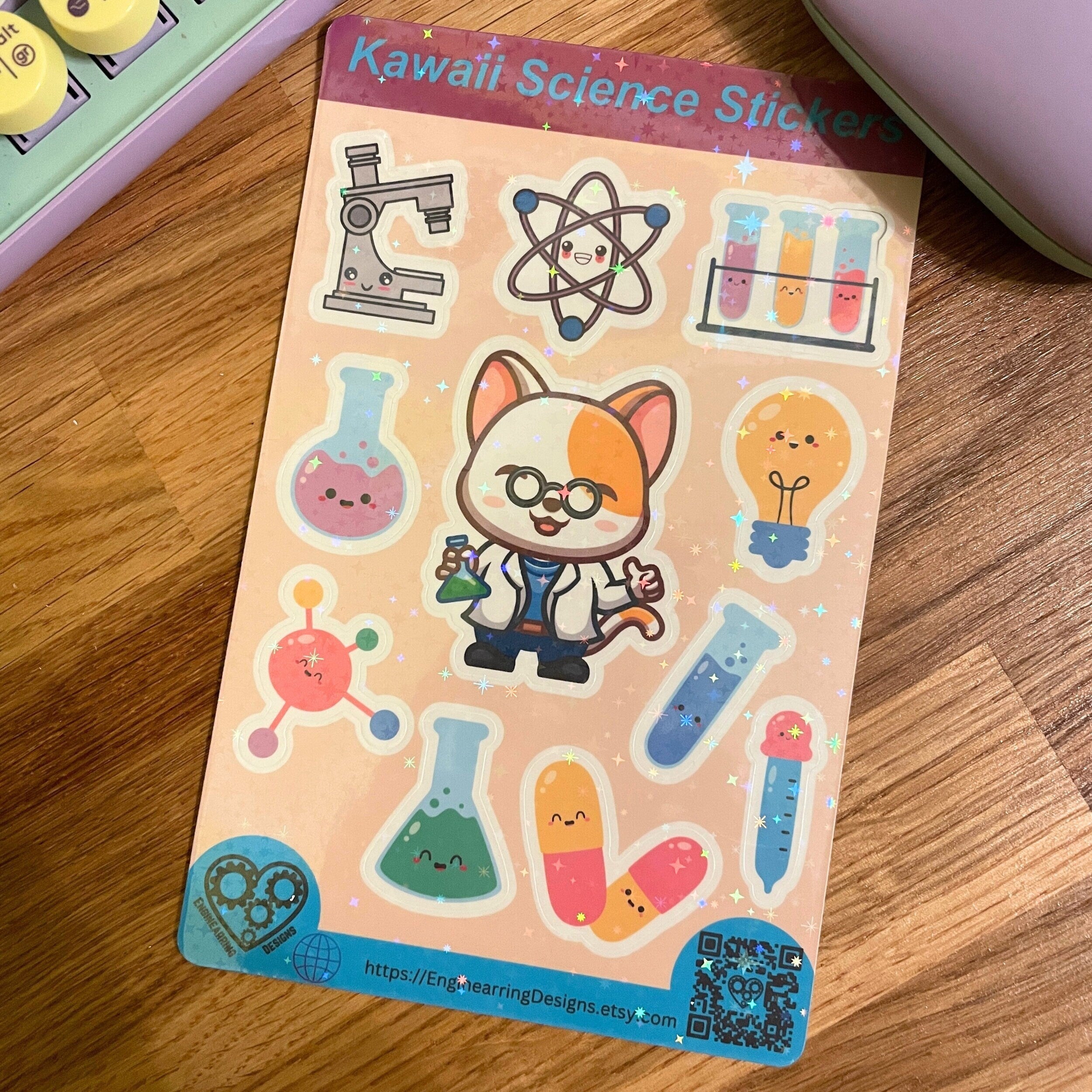 Kawaii Holographic Science Sticker Sheet. Cute Scientist decals