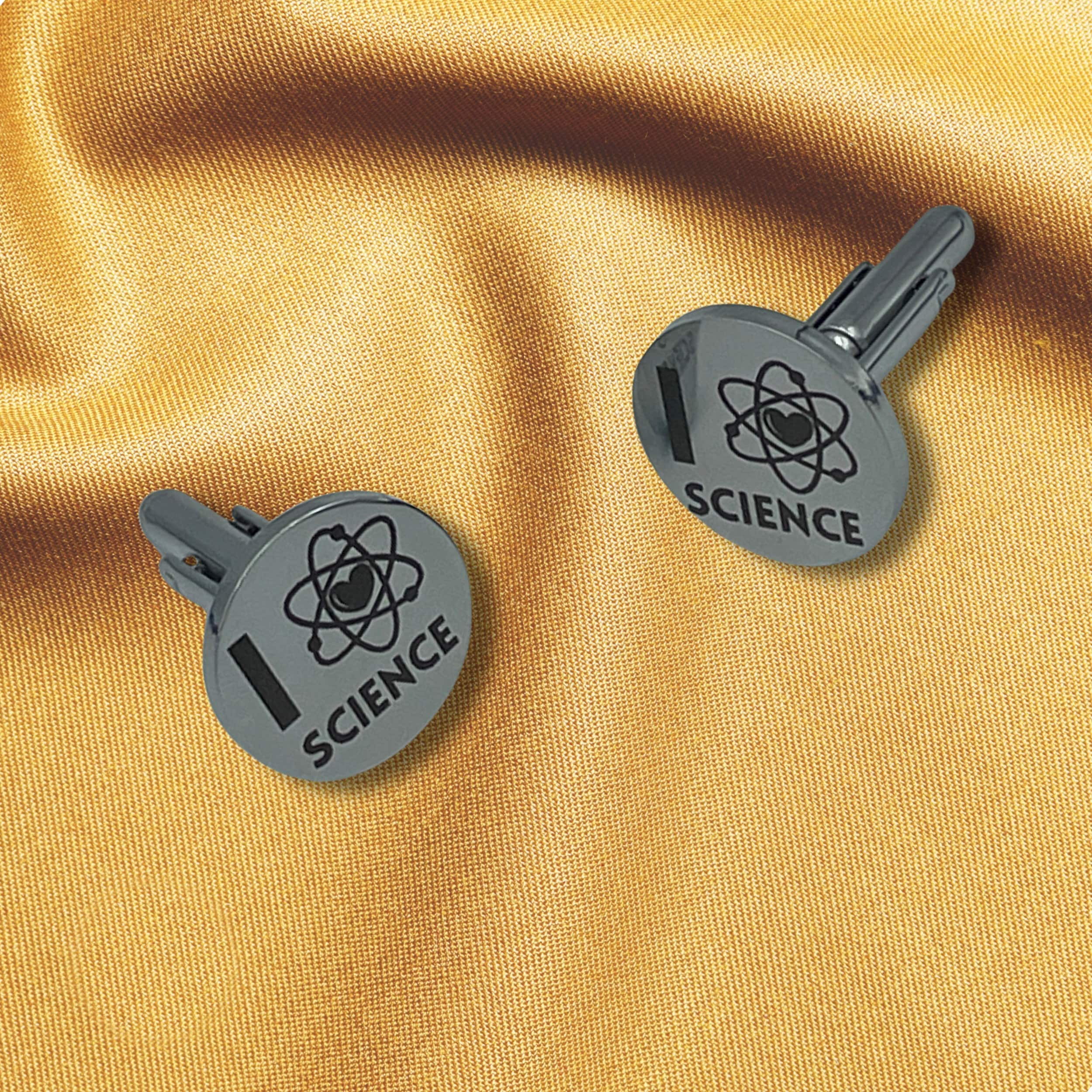 Engraved Science Cufflinks. Stainless Steel I Love Science Atom cuff links