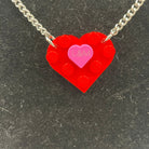 Personalised Heart necklace made with upcycled LEGO® on Curb Chain. Pink or Red with Mini Engraved Heart Red on Silver Chain