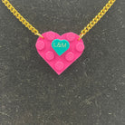 Personalised Heart necklace made with upcycled LEGO® on Curb Chain. Pink or Red with Mini Engraved Heart