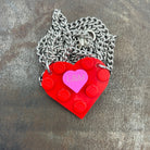 Personalised Heart necklace made with upcycled LEGO® on Curb Chain. Pink or Red with Mini Engraved Heart