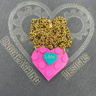 Personalised Heart necklace made with upcycled LEGO® on Curb Chain. Pink or Red with Mini Engraved Heart Pink on Gold Chain