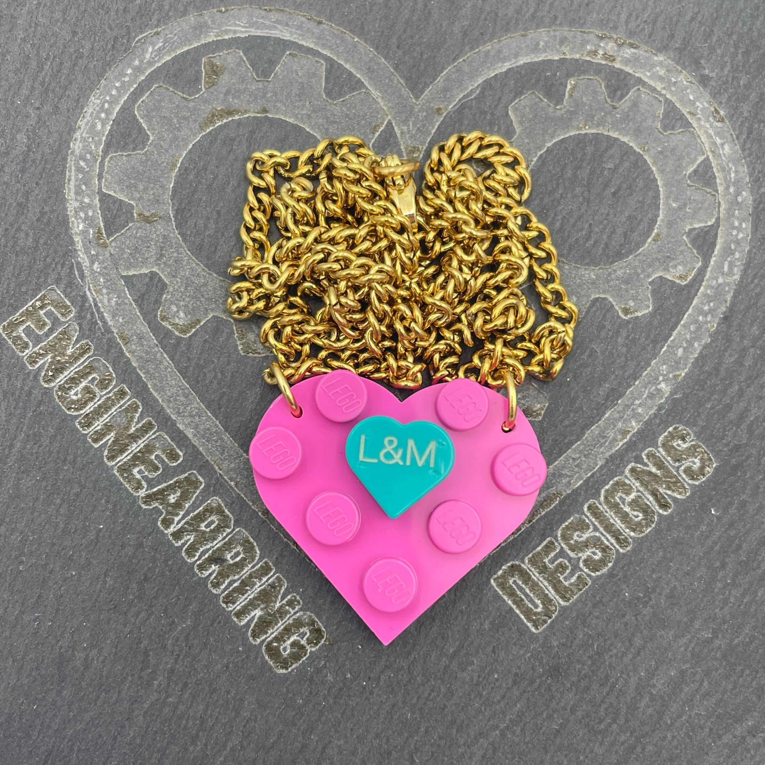 Personalised Heart necklace made with upcycled LEGO® on Curb Chain. Pink or Red with Mini Engraved Heart Pink on Gold Chain