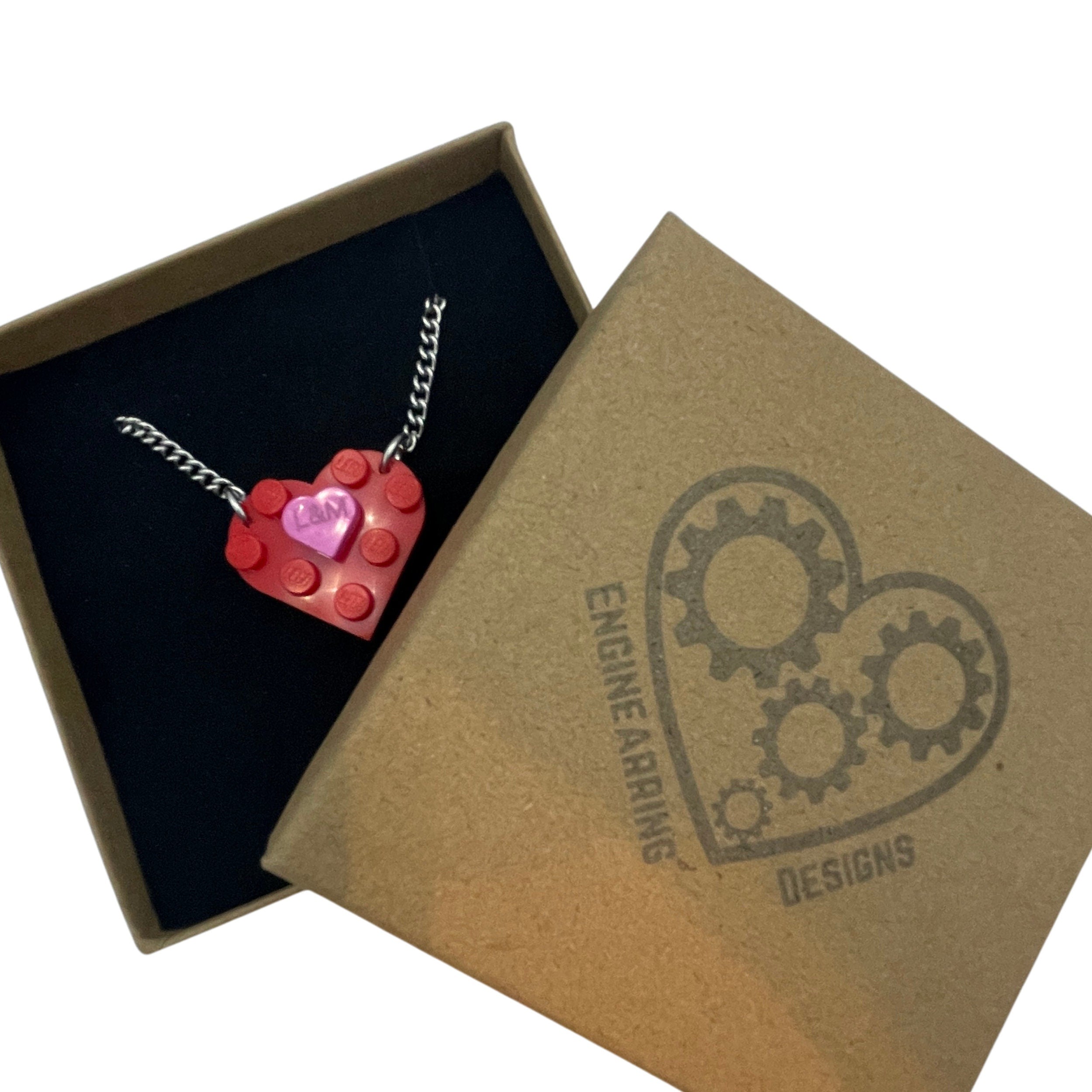 Personalised Heart necklace made with upcycled LEGO® on Curb Chain. Pink or Red with Mini Engraved Heart