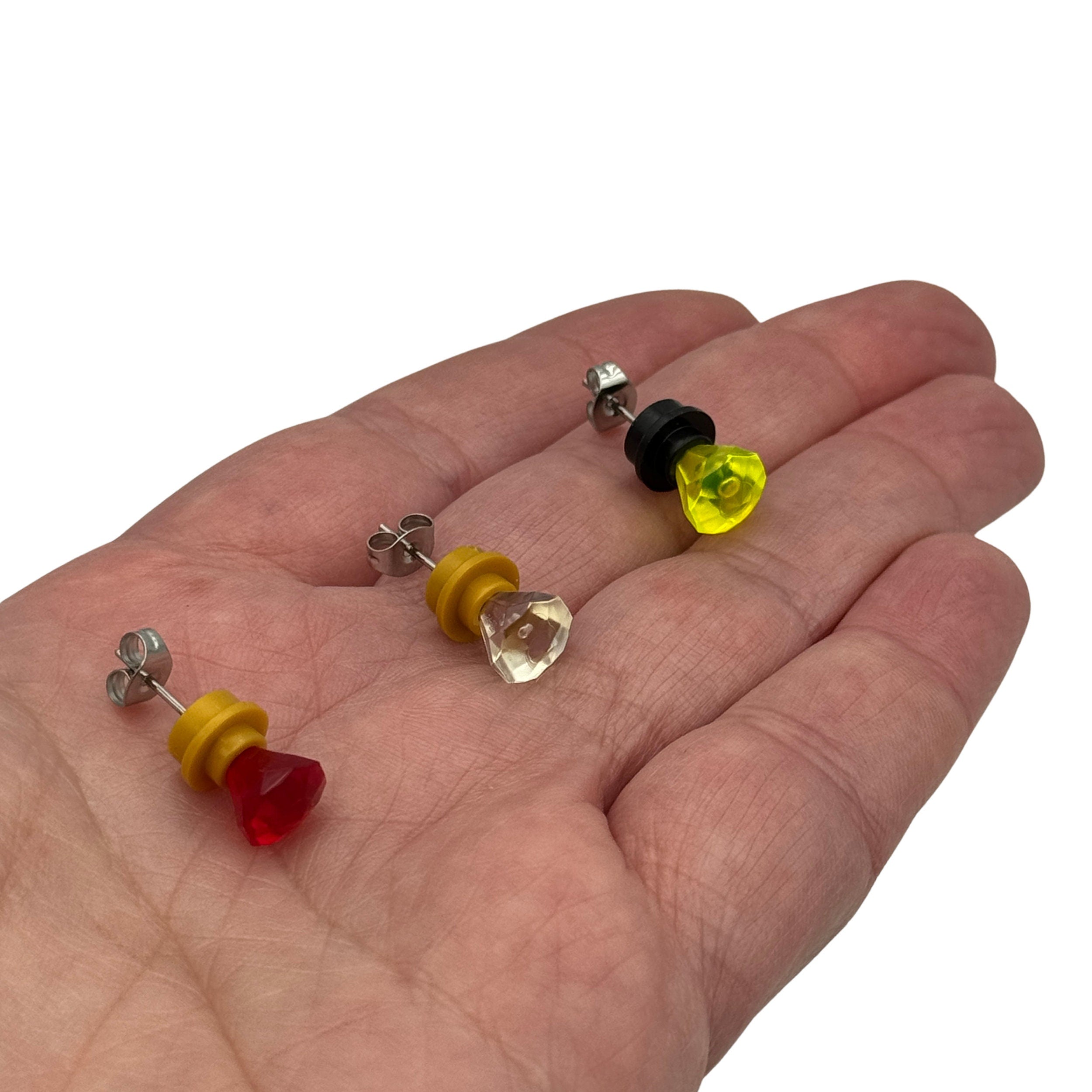 Precious Jewel Stud Earrings made with upcycled LEGO®. Plastic 'Diamond', 'Sapphire' or 'Ruby' for that perfect someone