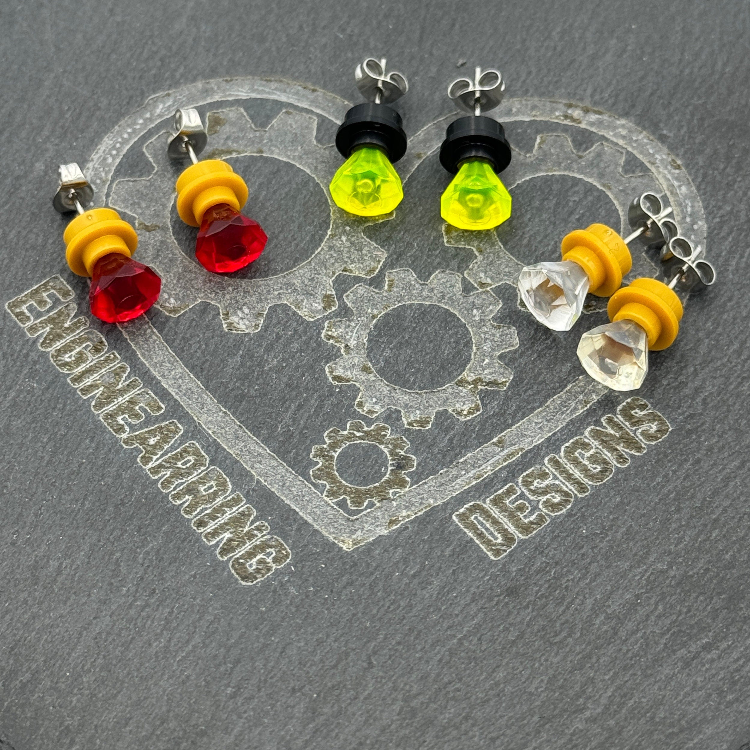 Precious Jewel Stud Earrings made with upcycled LEGO®. Plastic 'Diamond', 'Sapphire' or 'Ruby' for that perfect someone