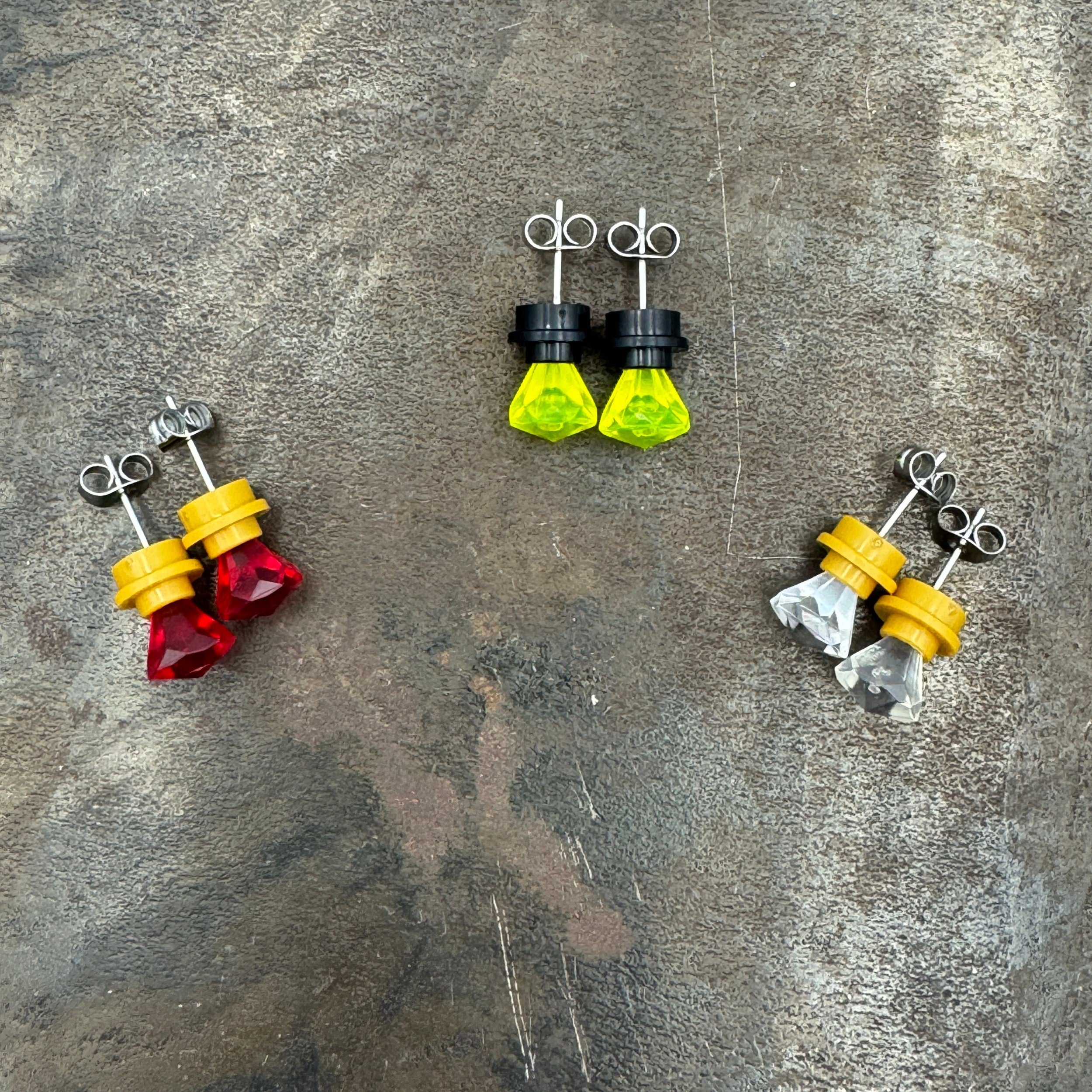 Precious Jewel Stud Earrings made with upcycled LEGO®. Plastic 'Diamond', 'Sapphire' or 'Ruby' for that perfect someone