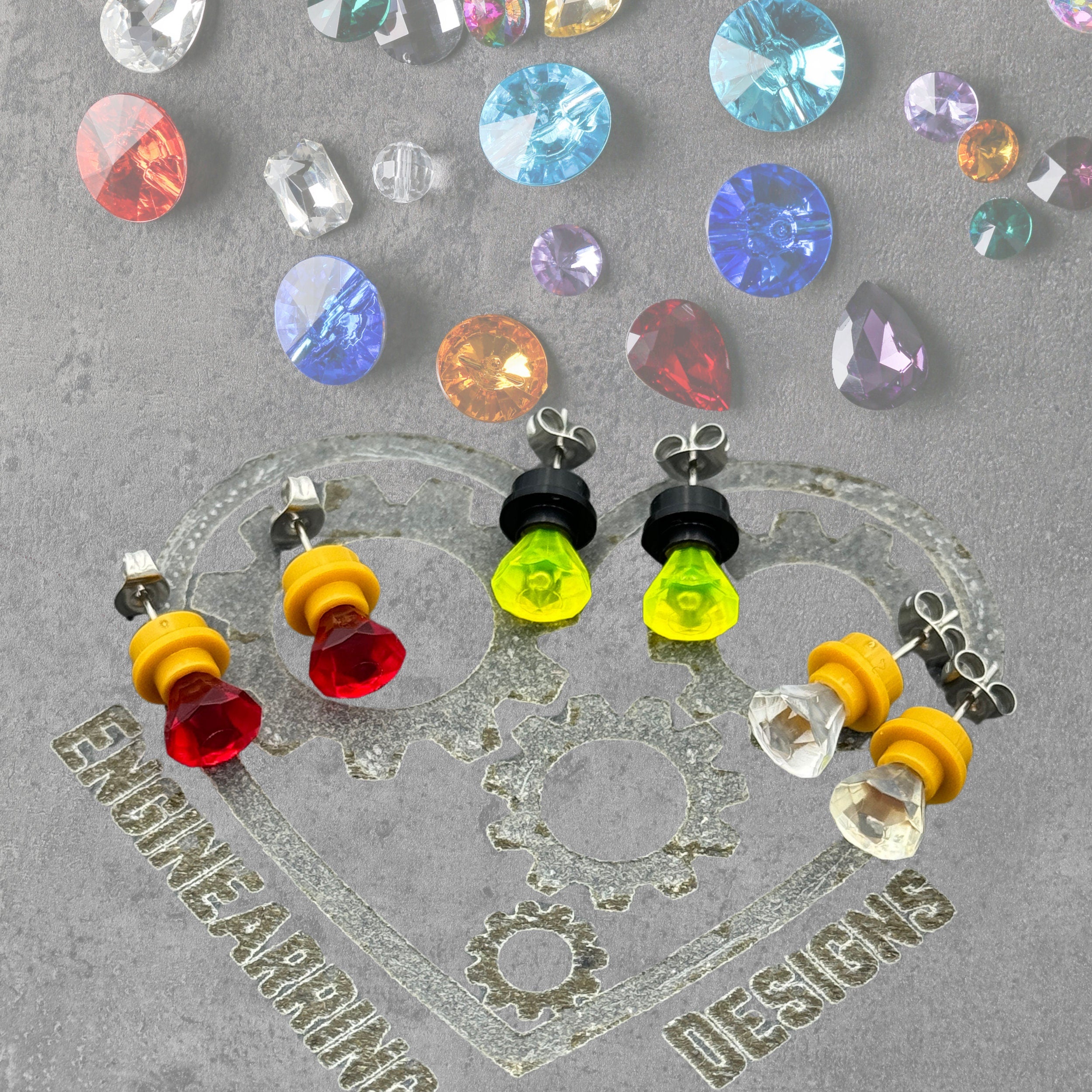 Precious Jewel Stud Earrings made with upcycled LEGO®. Plastic 'Diamond', 'Sapphire' or 'Ruby' for that perfect someone Yellow Sapphire