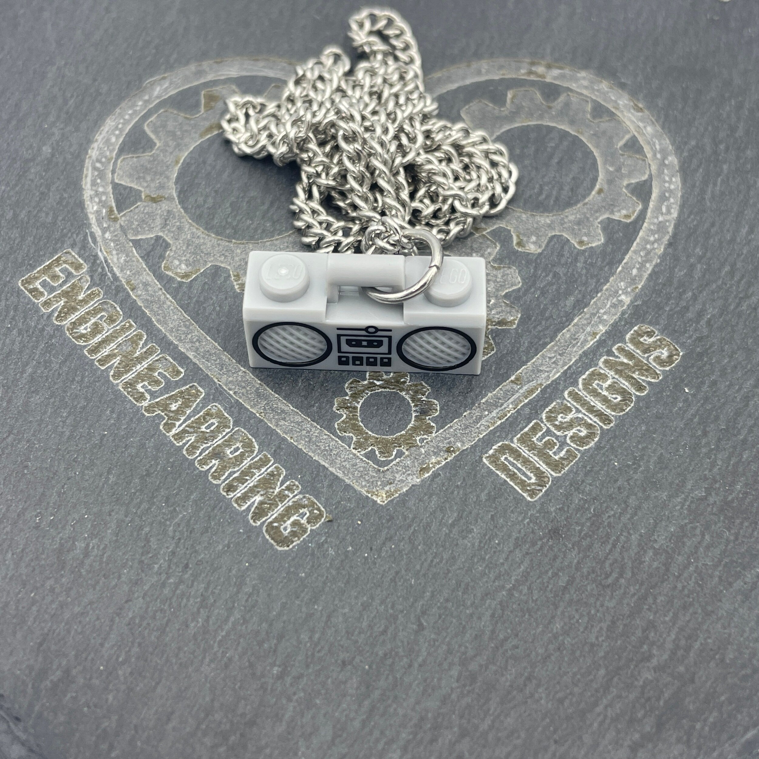 Grey Boombox Pendant on Silver Chain Necklace made with upcycled LEGO®