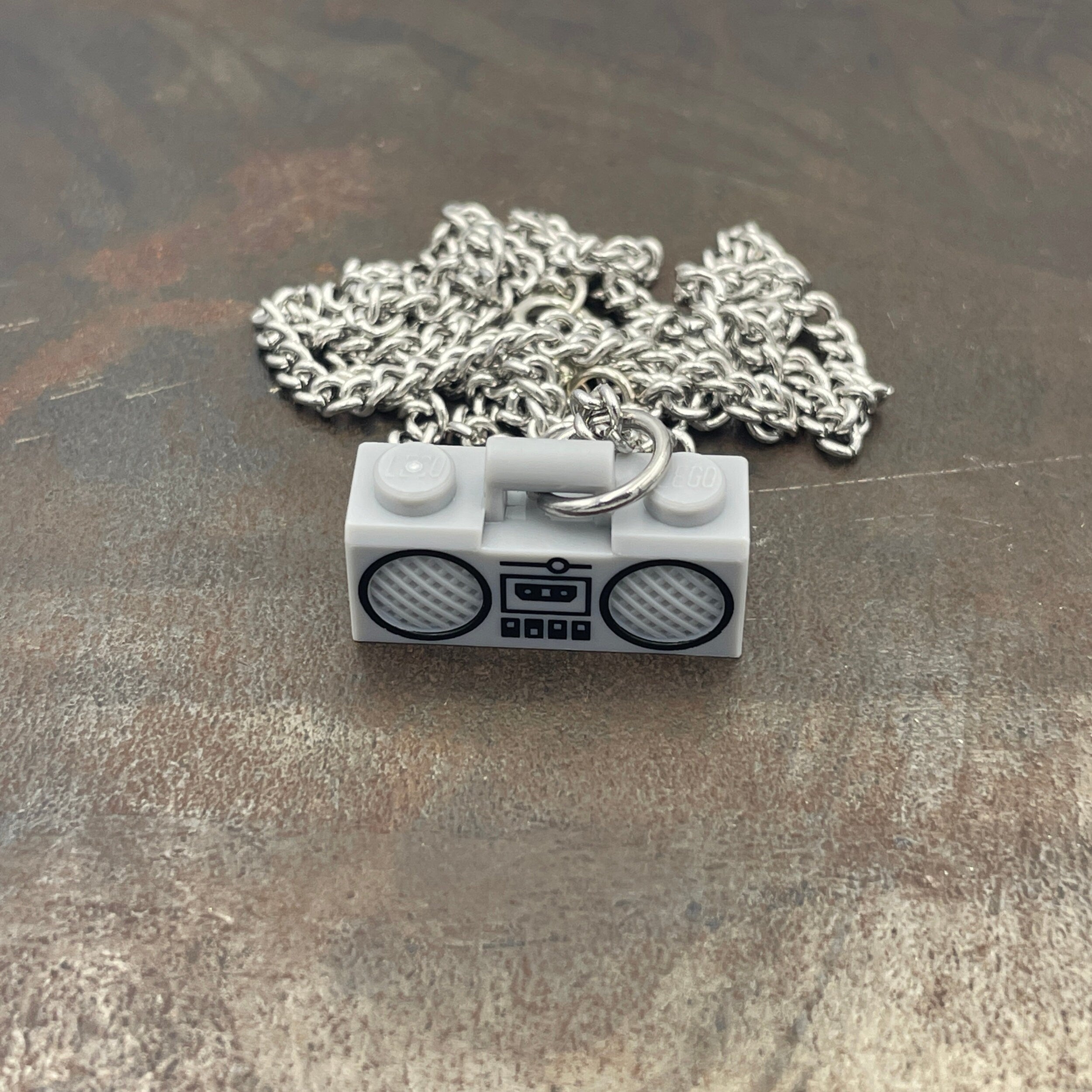 Grey Boombox Pendant on Silver Chain Necklace made with upcycled LEGO®