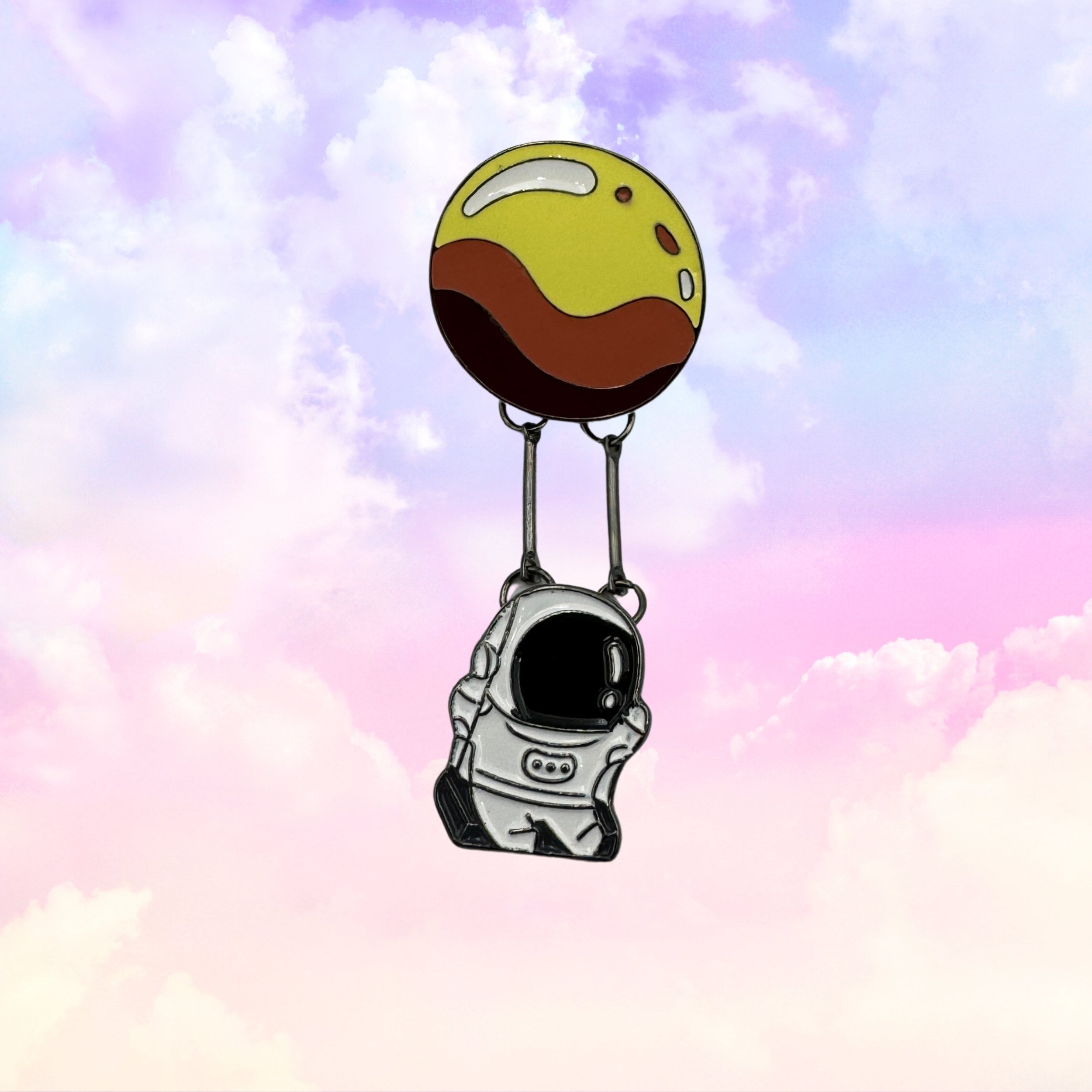 Astronaut Swinging from a Planet Enamel Pin Badge. Dangle Kawaii Space Science Brooch